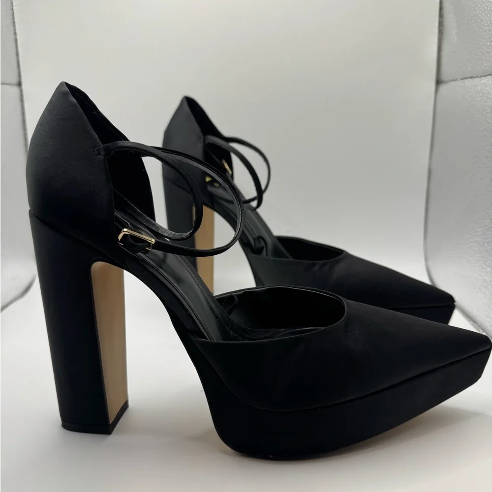 Zara Black Satin Ankle Strap Heels Pumps Pointed Toe 8 (38) - Picture 3 of 9